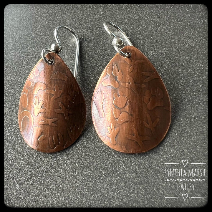 Animal Tracks Pattern Copper Dangle Earrings ~ Multiple Shapes and Sizes ~ Made in Michigan