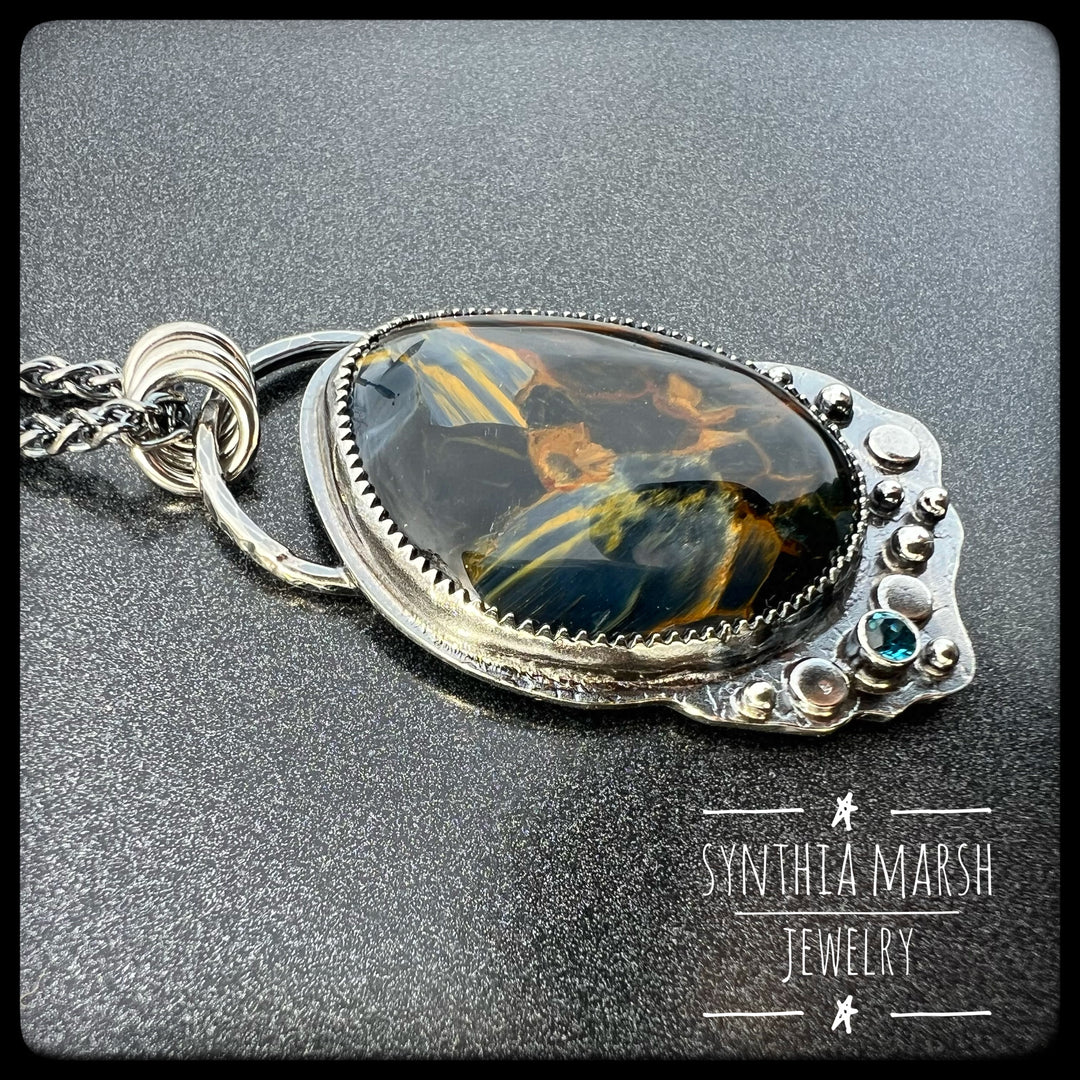 Pietersite and Sapphire Pendant ~ "Point Iroquois" ~ Made in Michigan"s Upper Peninsula
