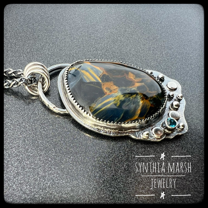 Pietersite and Sapphire Pendant ~ "Point Iroquois" ~ Made in Michigan"s Upper Peninsula