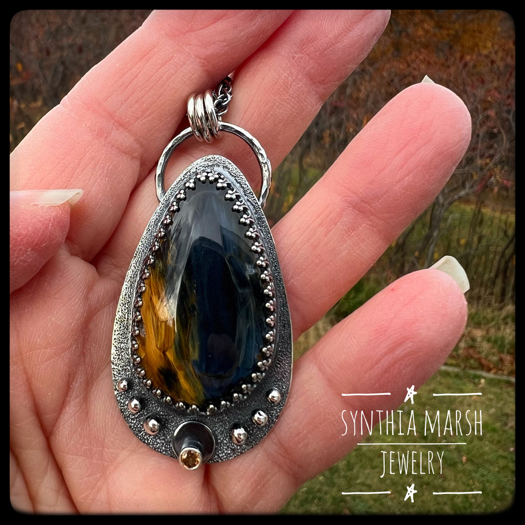 Pietersite and Sapphire Pendant ~ "Menagerie Island" ~ Made in Michigan's Upper Peninsula