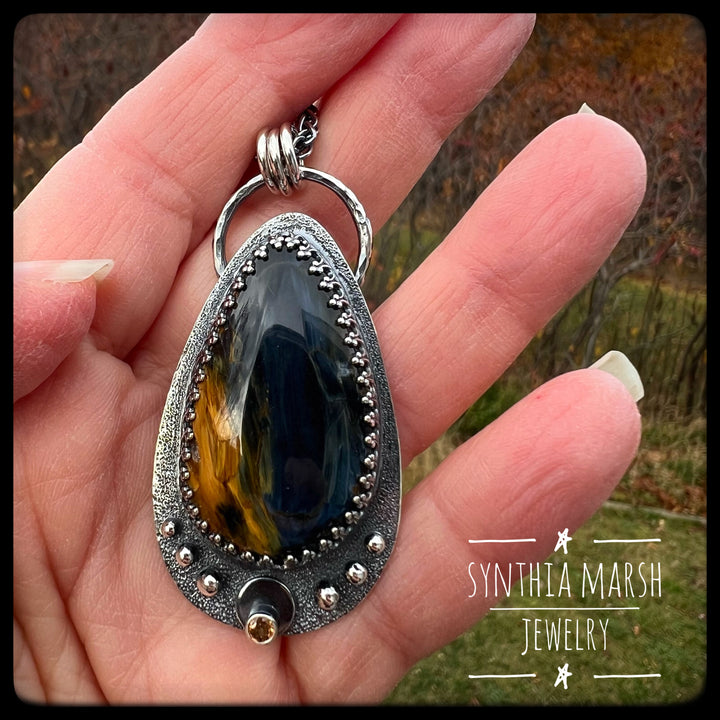 Pietersite and Sapphire Pendant ~ "Menagerie Island" ~ Made in Michigan's Upper Peninsula