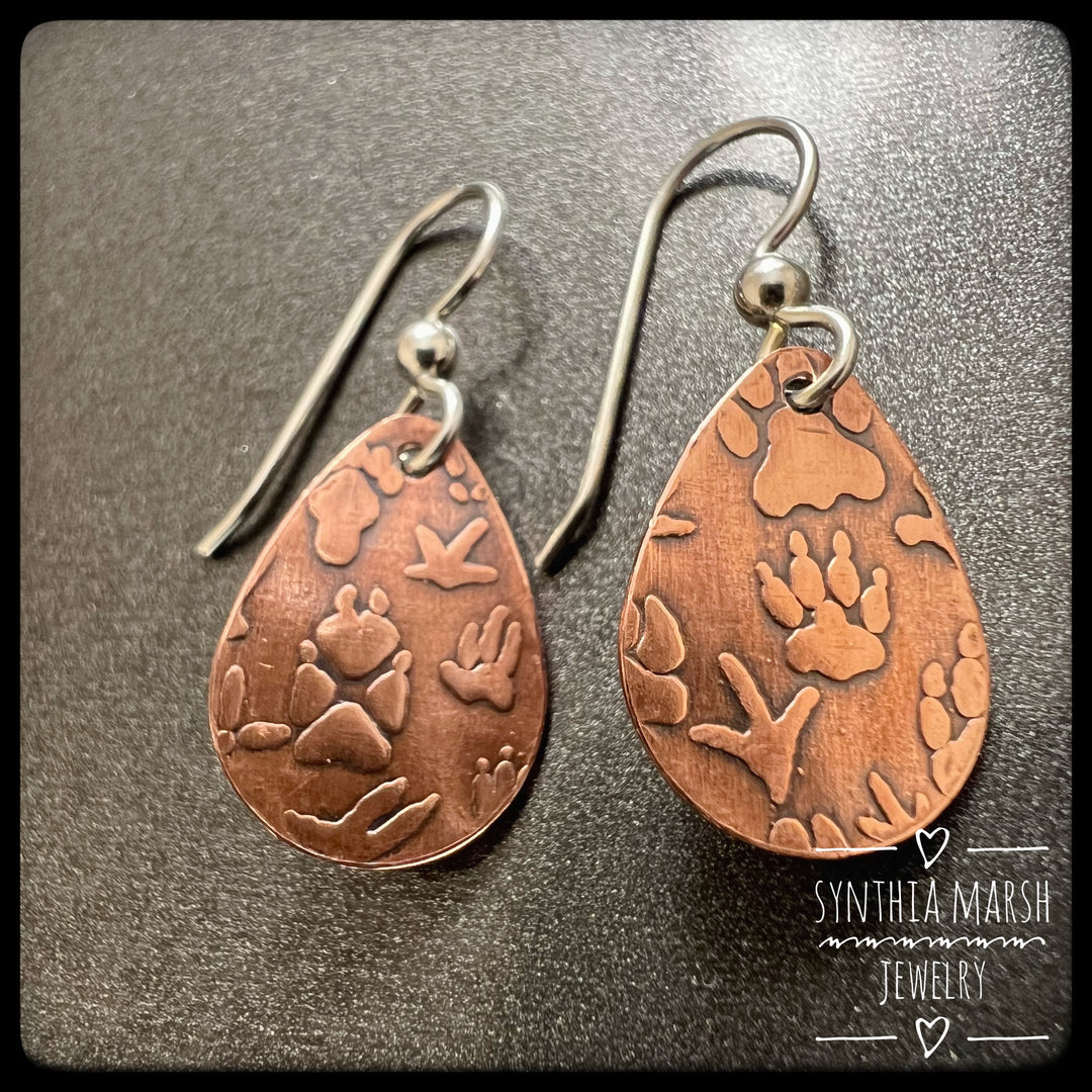 Animal Tracks Pattern Copper Dangle Earrings ~ Multiple Shapes and Sizes ~ Made in Michigan