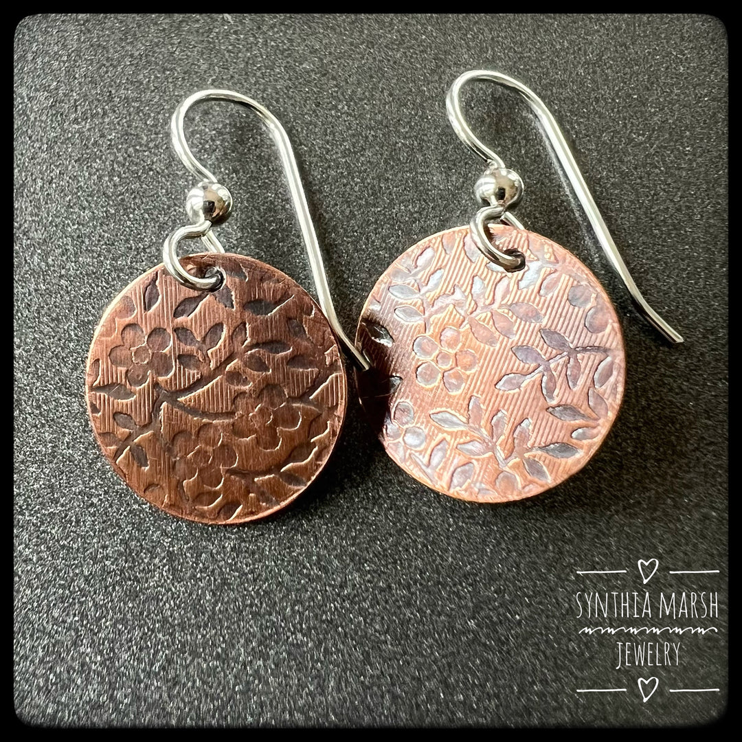 Floral Pattern Copper Dangle Earrings ~ Multiple Shapes and Sizes ~ Hypoallergenic ~ Made in Michigan