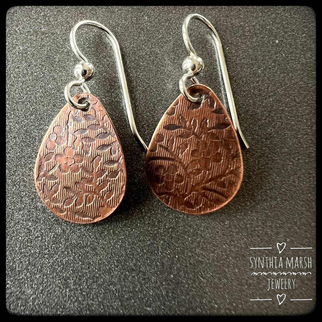 Floral Pattern Copper Dangle Earrings ~ Multiple Shapes and Sizes ~ Hypoallergenic ~ Made in Michigan