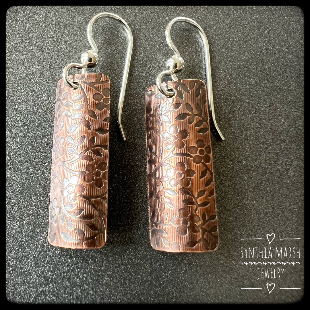 Floral Pattern Copper Dangle Earrings ~ Multiple Shapes and Sizes ~ Hypoallergenic ~ Made in Michigan