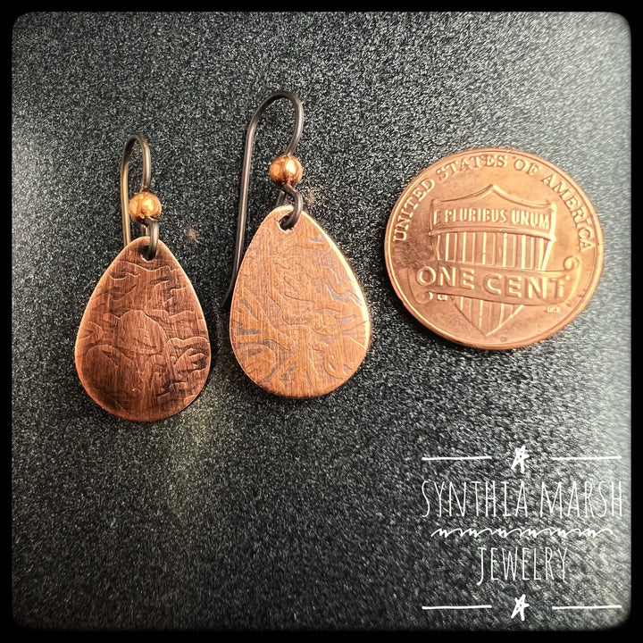 Copper Flat Teardrop Oak Leaf and Acorn Dangle Earrings