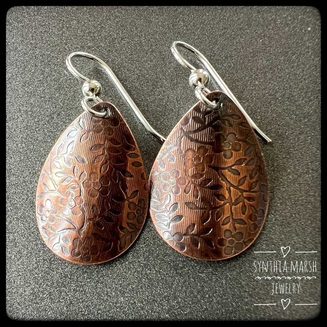 Floral Pattern Copper Dangle Earrings ~ Multiple Shapes and Sizes ~ Hypoallergenic ~ Made in Michigan