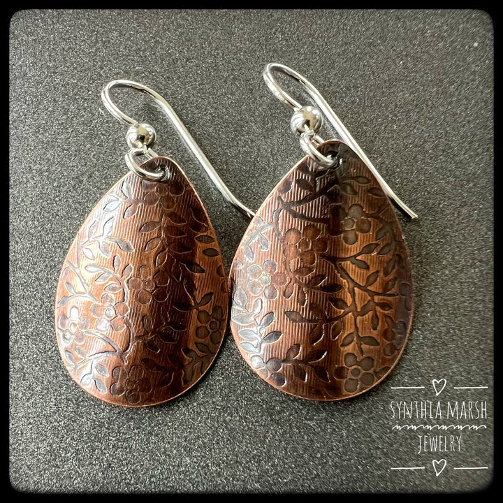 Floral Pattern Copper Dangle Earrings ~ Multiple Shapes and Sizes ~ Hypoallergenic ~ Made in Michigan