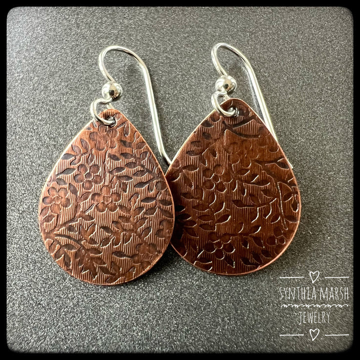 Floral Pattern Copper Dangle Earrings ~ Multiple Shapes and Sizes ~ Hypoallergenic ~ Made in Michigan