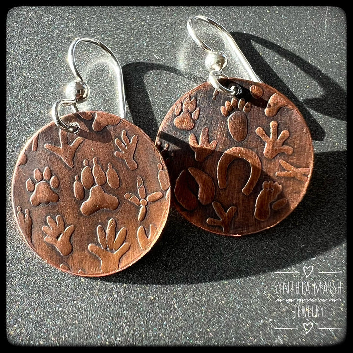 Animal Tracks Pattern Copper Dangle Earrings ~ Multiple Shapes and Sizes ~ Made in Michigan