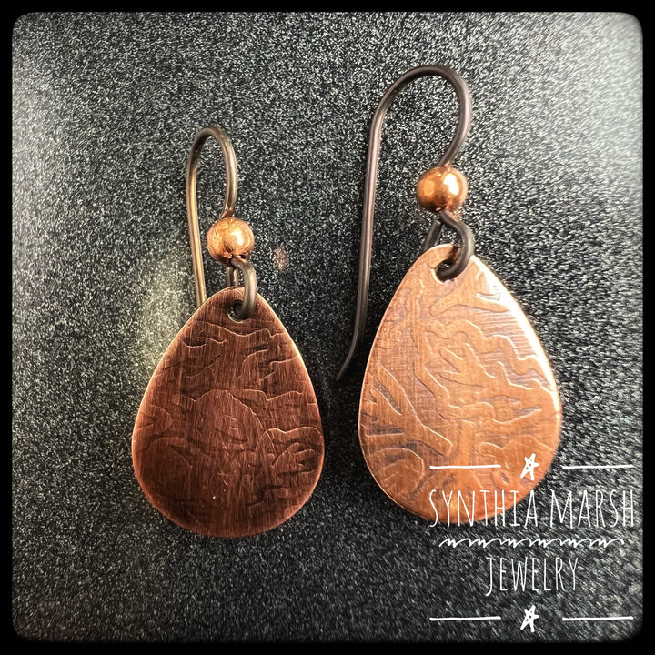 Copper Flat Teardrop Oak Leaf and Acorn Dangle Earrings