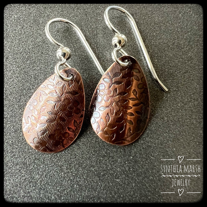 Floral Pattern Copper Dangle Earrings ~ Multiple Shapes and Sizes ~ Hypoallergenic ~ Made in Michigan