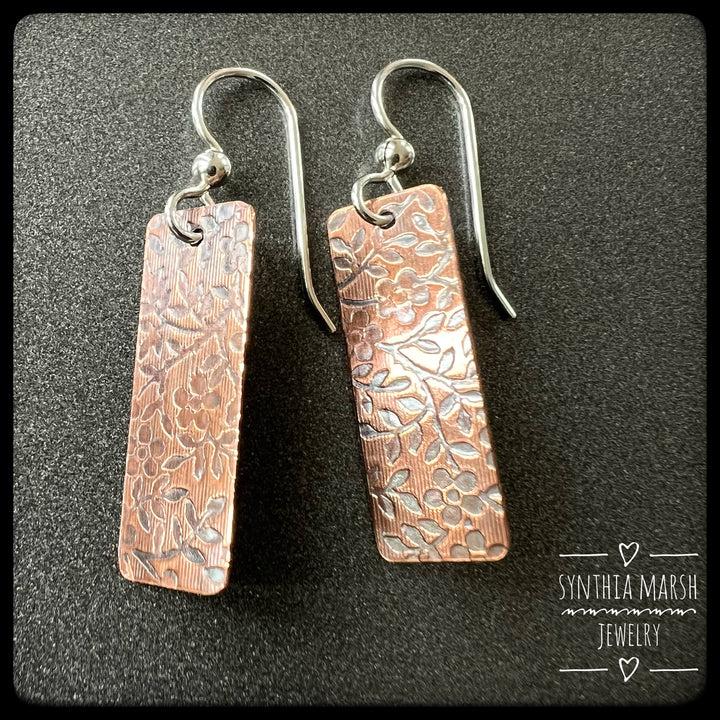 Floral Pattern Copper Dangle Earrings ~ Multiple Shapes and Sizes ~ Hypoallergenic ~ Made in Michigan