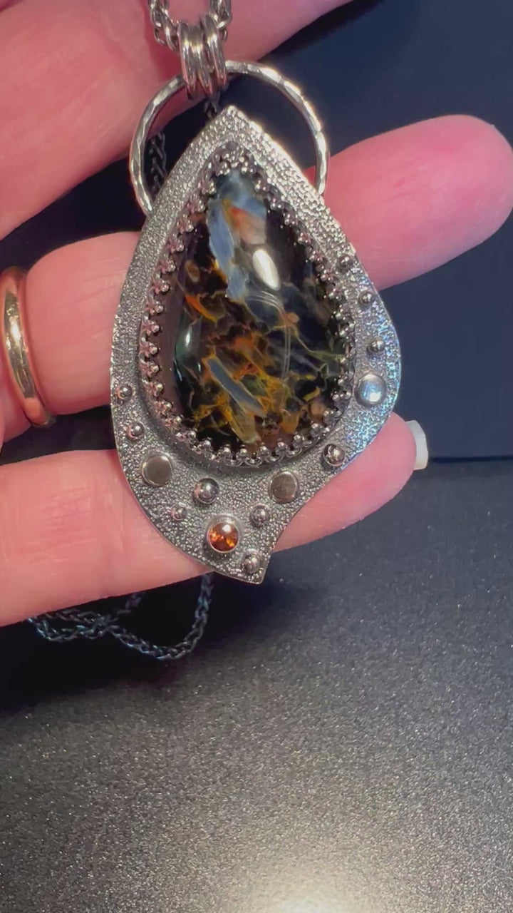 Pietersite and Sapphire Pendant ~ "Whitefish Point" ~ Made in Michigan's Upper Peninsula
