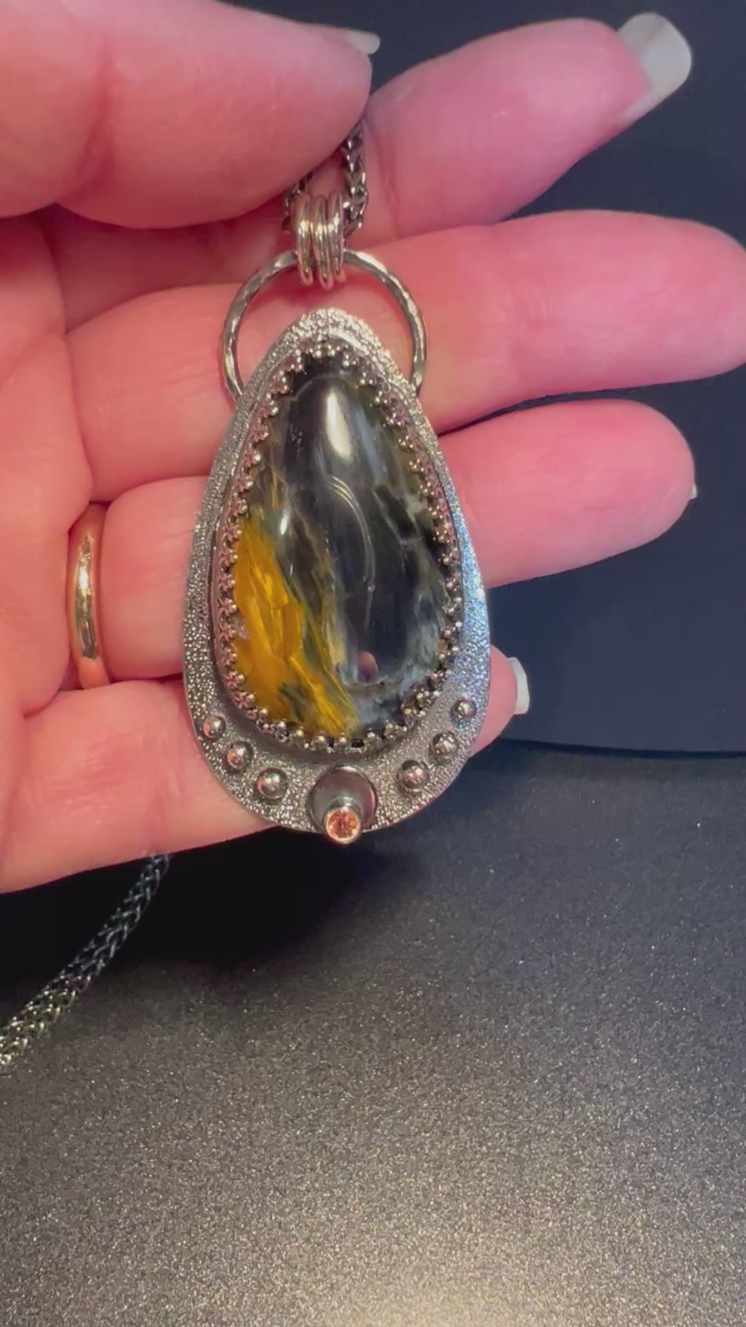 Pietersite and Sapphire Pendant ~  "Menagerie Island" ~ Made in Michigan's Upper Peninsula