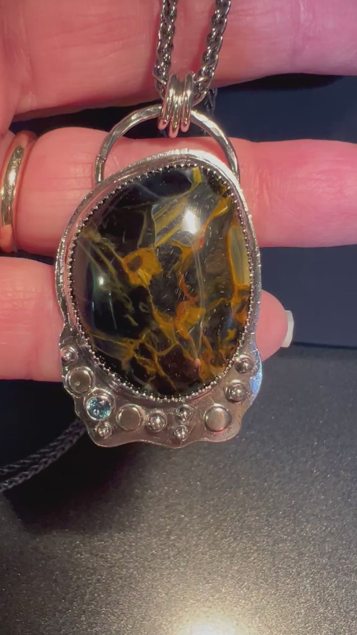 Pietersite and Sapphire Pendant ~ "Point Iroquois" ~ Made in Michigan"s Upper Peninsula