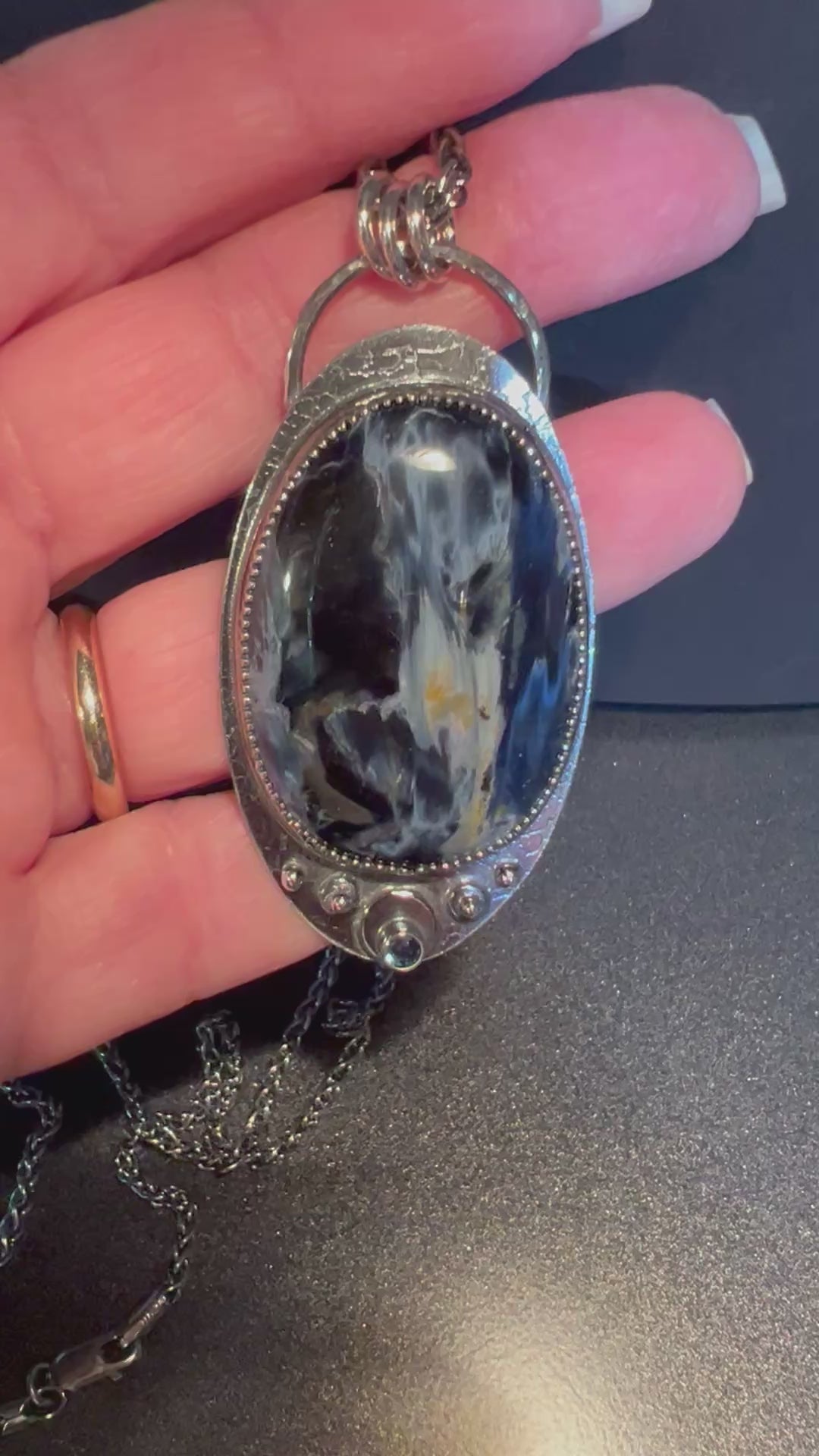 Pietersite and Sapphire Pendant  "Eagle Harbor" Made in Michigan's Upper Peninsula