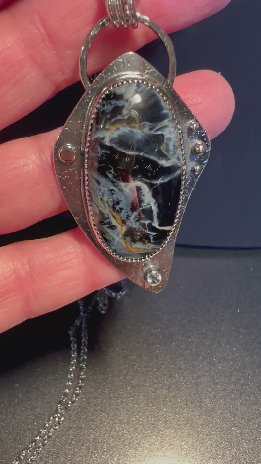 Pietersite and Sapphire Pendant ~ "Crisp Point" ~ Made in Michigan"s Upper Peninsula