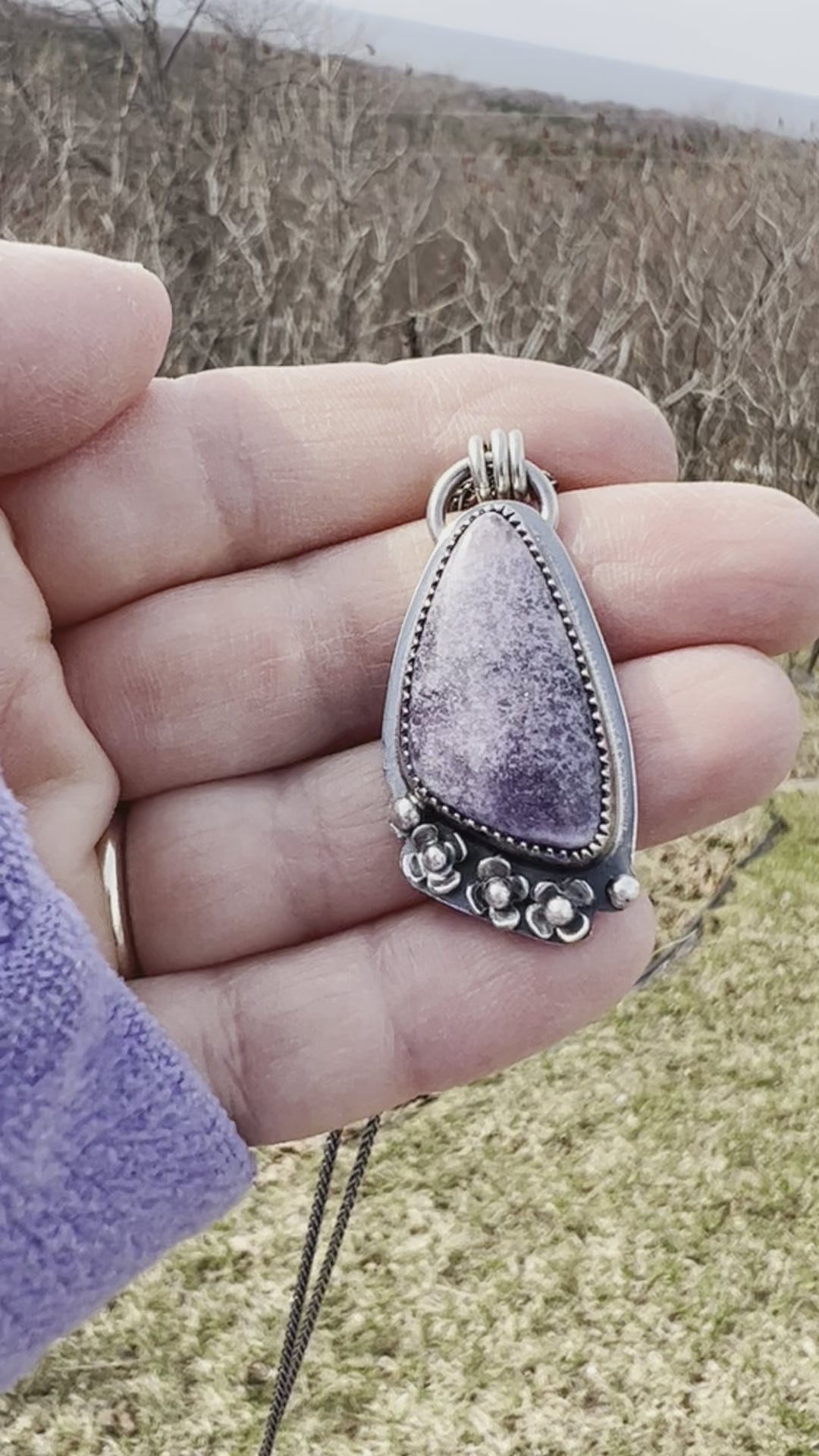 Lepidolite and Sterling Floral Pendant-Necklace "Lavender" Made in Michigan