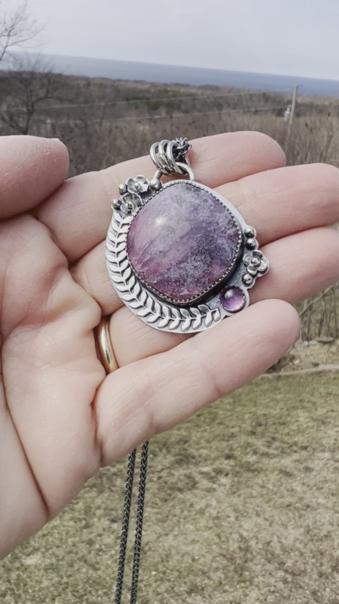 Lepidolite with Tourmaline and Pink Sapphire Floral Sterling Pendant/Necklace "Lilac" Made in Michigan