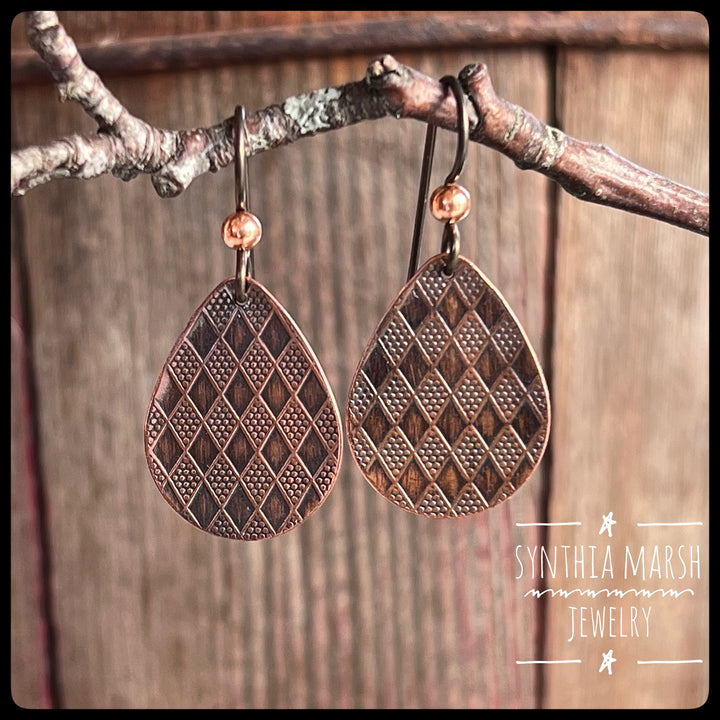 Diamond Pattern Copper Dangle Earrings ~ Multiple Shapes and Sizes ~ Hypoallergenic ~ Made in Michigan