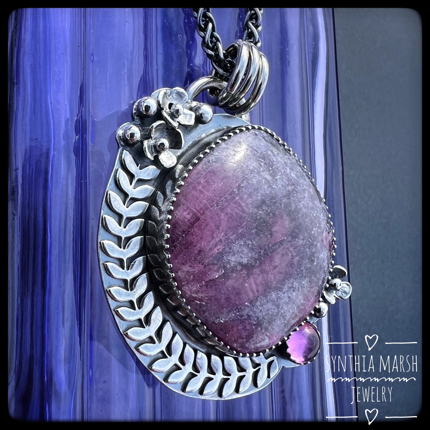 Lepidolite with Tourmaline and Pink Sapphire Floral Sterling Pendant/Necklace "Lilac" Made in Michigan