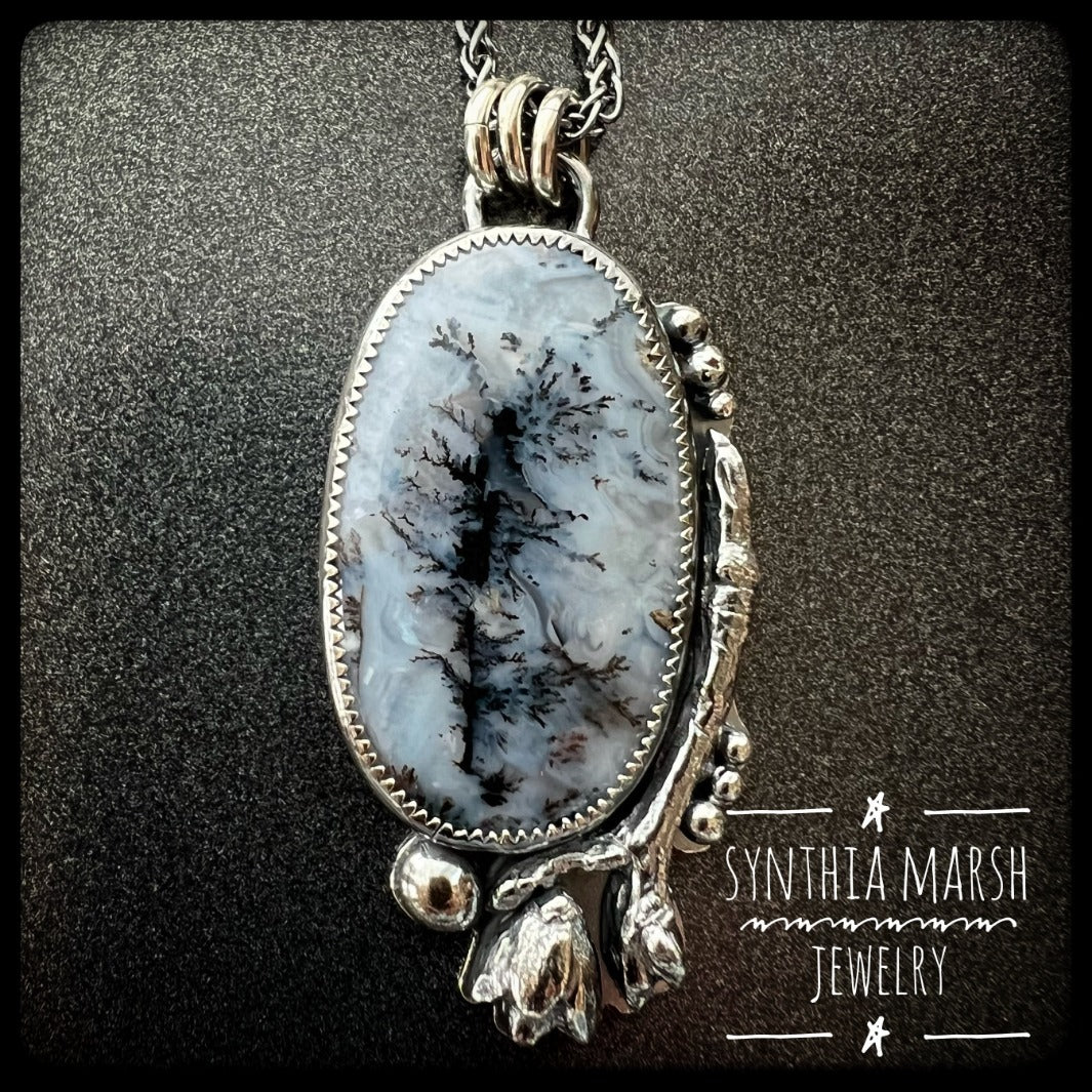 Sterling and Dendritic Agate Pendant Necklace ~ Handmade in Michigan's Upper Peninsula "Snowy Cedars"