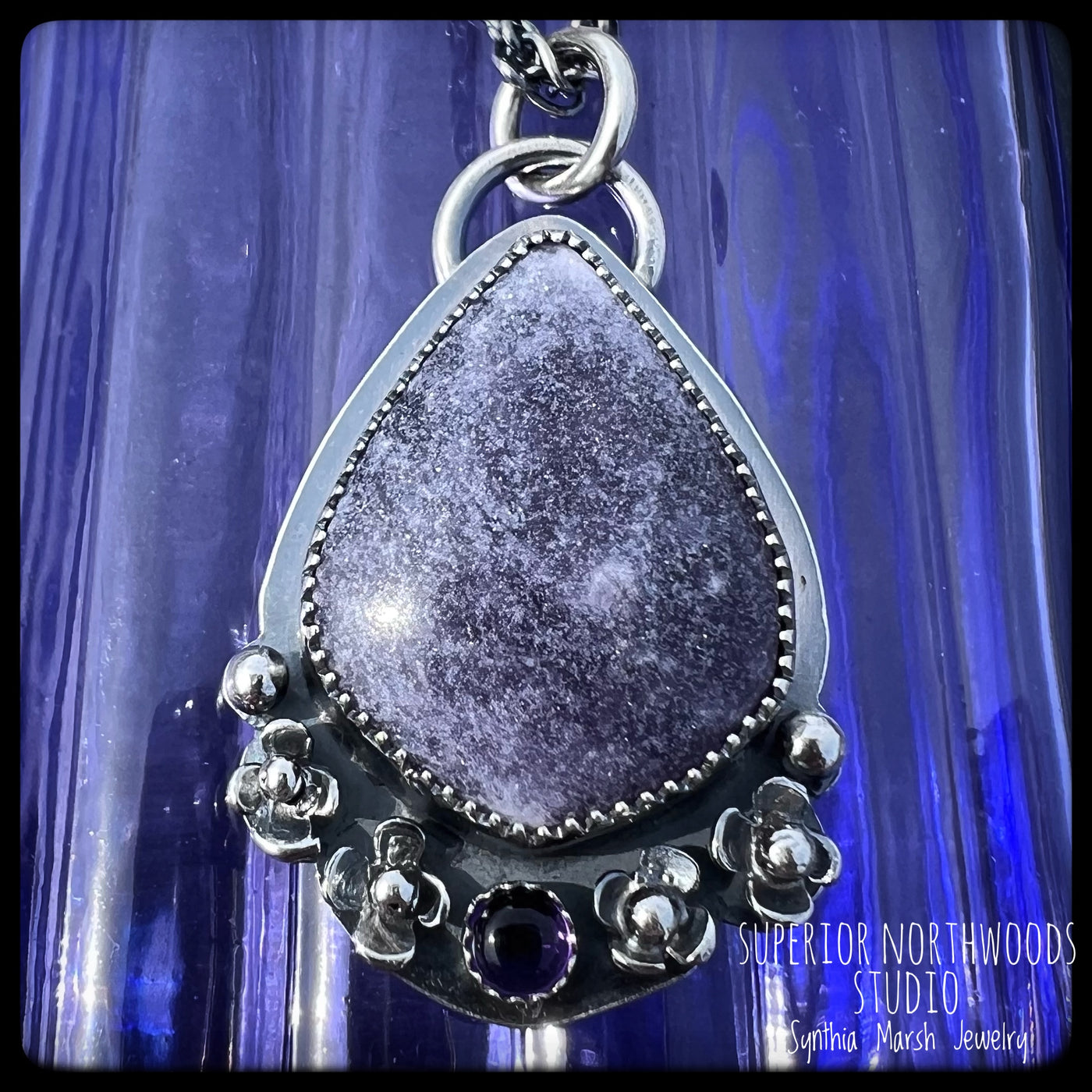 Lepidolite and Sterling Floral Pendant-Necklace "Hepatica" Made in Michigan