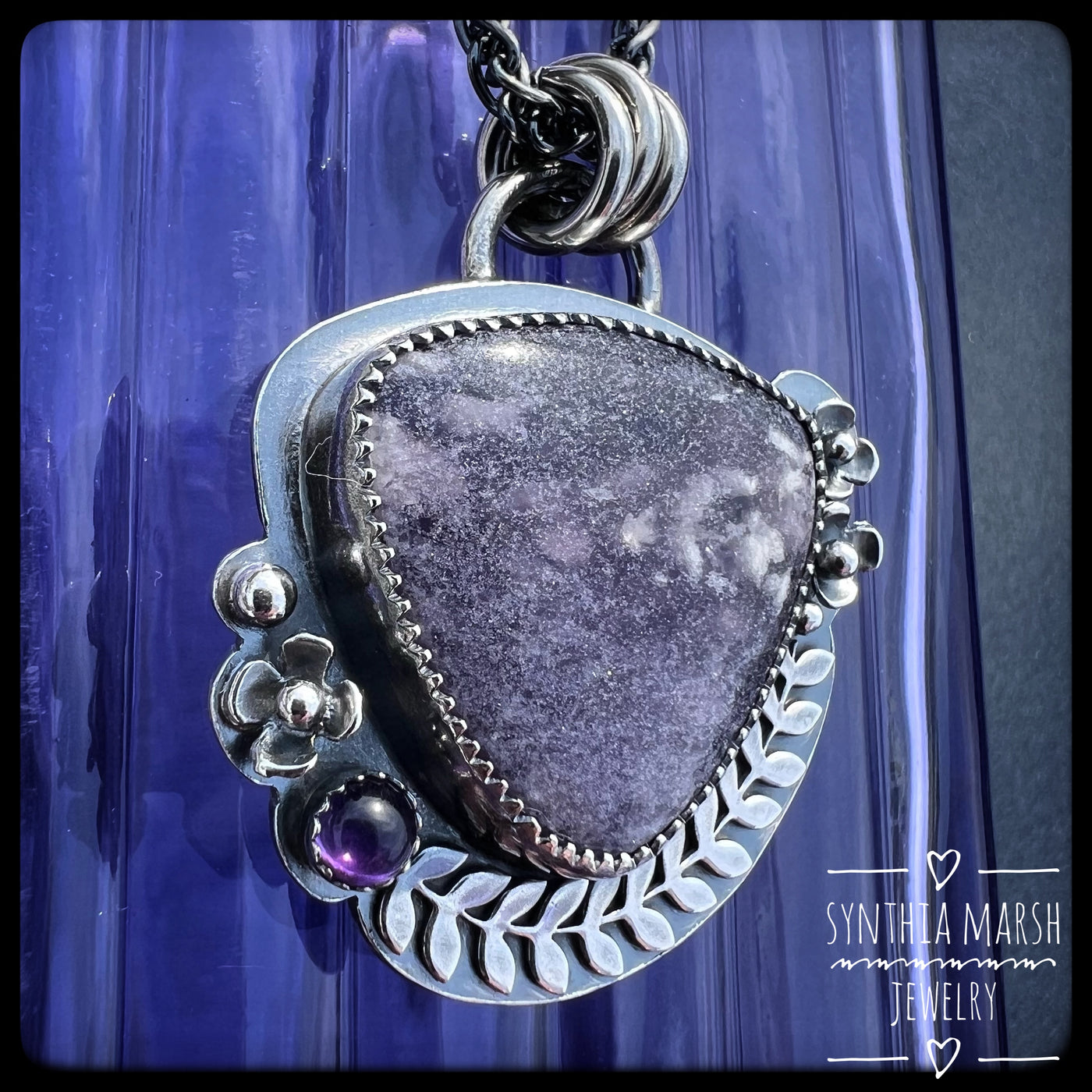 Lepidolite and Amethyst Sterling Floral Pendant/Necklace "Hyacinth" Made in Michigan