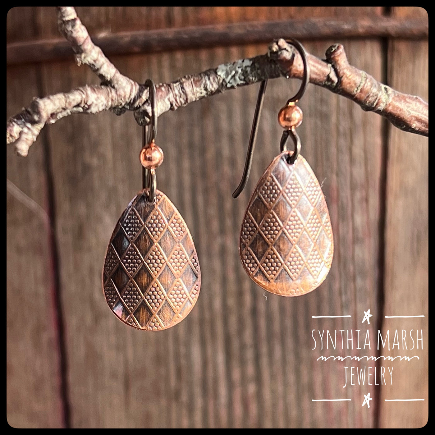 Diamond Pattern Copper Dangle Earrings ~ Multiple Shapes and Sizes ~ Hypoallergenic ~ Made in Michigan