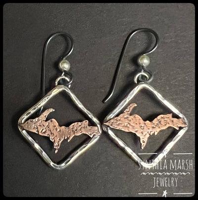 "Places I Love" Lake Superior and Upper Peninsula Copper and Sterling Dangle Earrings ~Made in Michigan's Upper Peninsula