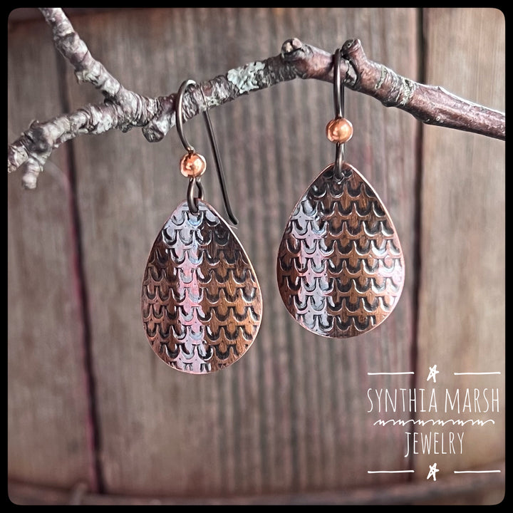 Scallop Pattern Copper Dangle Earrings ~ Multiple Shapes/Sizes Hypoallergenic Earwires ~ Made in Michigan
