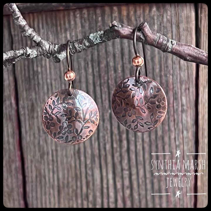 Floral Pattern Copper Dangle Earrings ~ Multiple Shapes and Sizes ~ Hypoallergenic ~ Made in Michigan