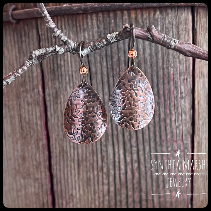 Floral Pattern Copper Dangle Earrings ~ Multiple Shapes and Sizes ~ Hypoallergenic ~ Made in Michigan