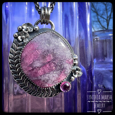 Lepidolite with Tourmaline and Pink Sapphire Floral Sterling Pendant/Necklace "Lilac" Made in Michigan