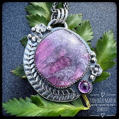 Lepidolite with Tourmaline and Pink Sapphire Floral Sterling Pendant/Necklace "Lilac" Made in Michigan
