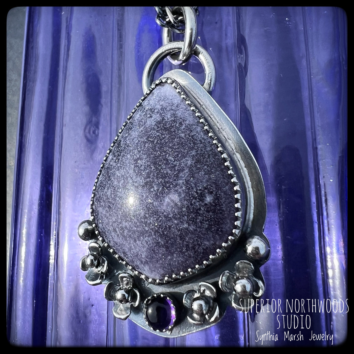 Lepidolite and Sterling Floral Pendant-Necklace "Hepatica" Made in Michigan