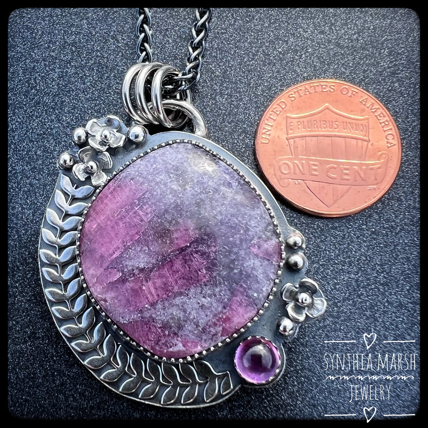 Lepidolite with Tourmaline and Pink Sapphire Floral Sterling Pendant/Necklace "Lilac" Made in Michigan