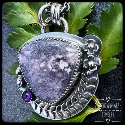 Lepidolite and Amethyst Sterling Floral Pendant/Necklace "Hyacinth" Made in Michigan