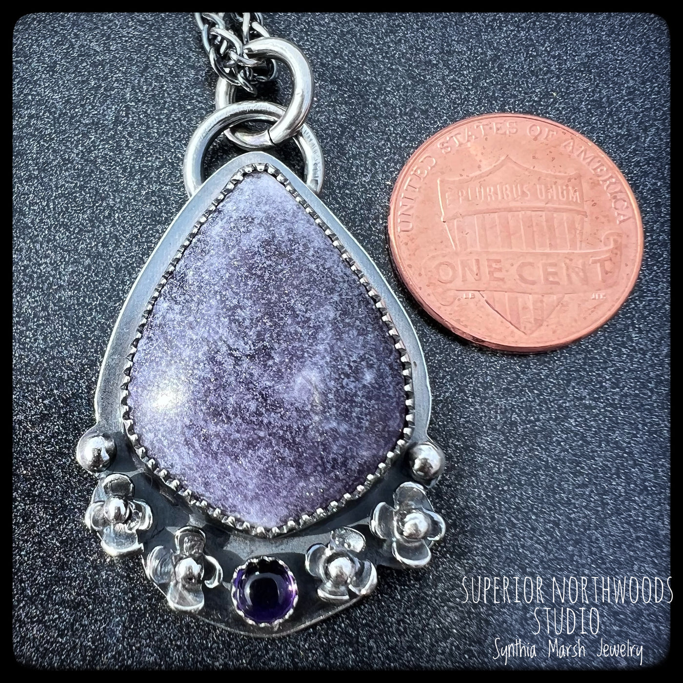 Lepidolite and Sterling Floral Pendant-Necklace "Hepatica" Made in Michigan
