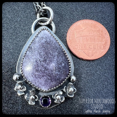 Lepidolite and Sterling Floral Pendant-Necklace "Hepatica" Made in Michigan