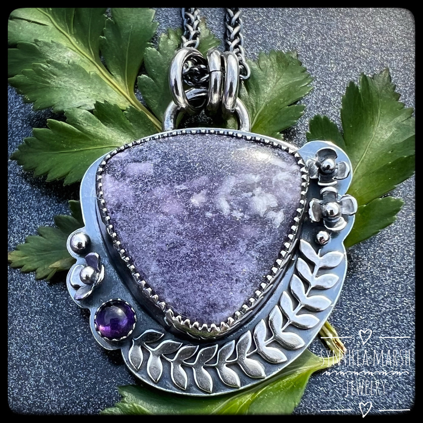 Lepidolite and Amethyst Sterling Floral Pendant/Necklace "Hyacinth" Made in Michigan