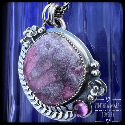 Lepidolite with Tourmaline and Pink Sapphire Floral Sterling Pendant/Necklace "Lilac" Made in Michigan