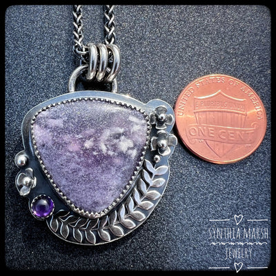 Lepidolite and Amethyst Sterling Floral Pendant/Necklace "Hyacinth" Made in Michigan
